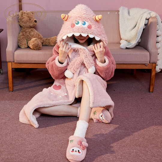 睡衣女冬珊瑚绒睡裙冬睡衣冬款睡袍女冬长款毛绒浴衣家居服加厚D