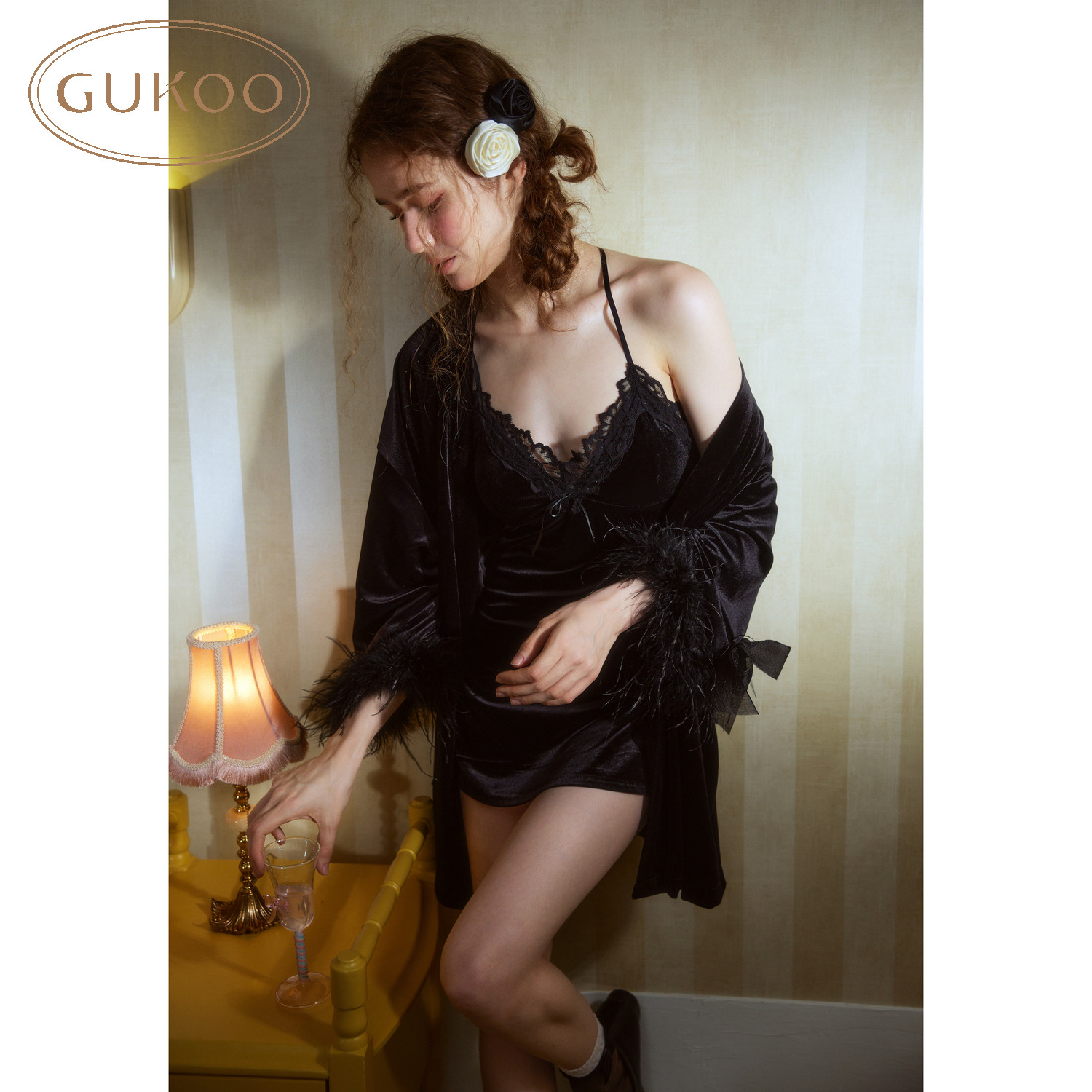 Gukoo/果壳睡裙女春夏黑色简约睡袍新款丝绒女士性感家居服睡裙E,淘宝优惠券,粉丝福利购,淘宝优惠卷