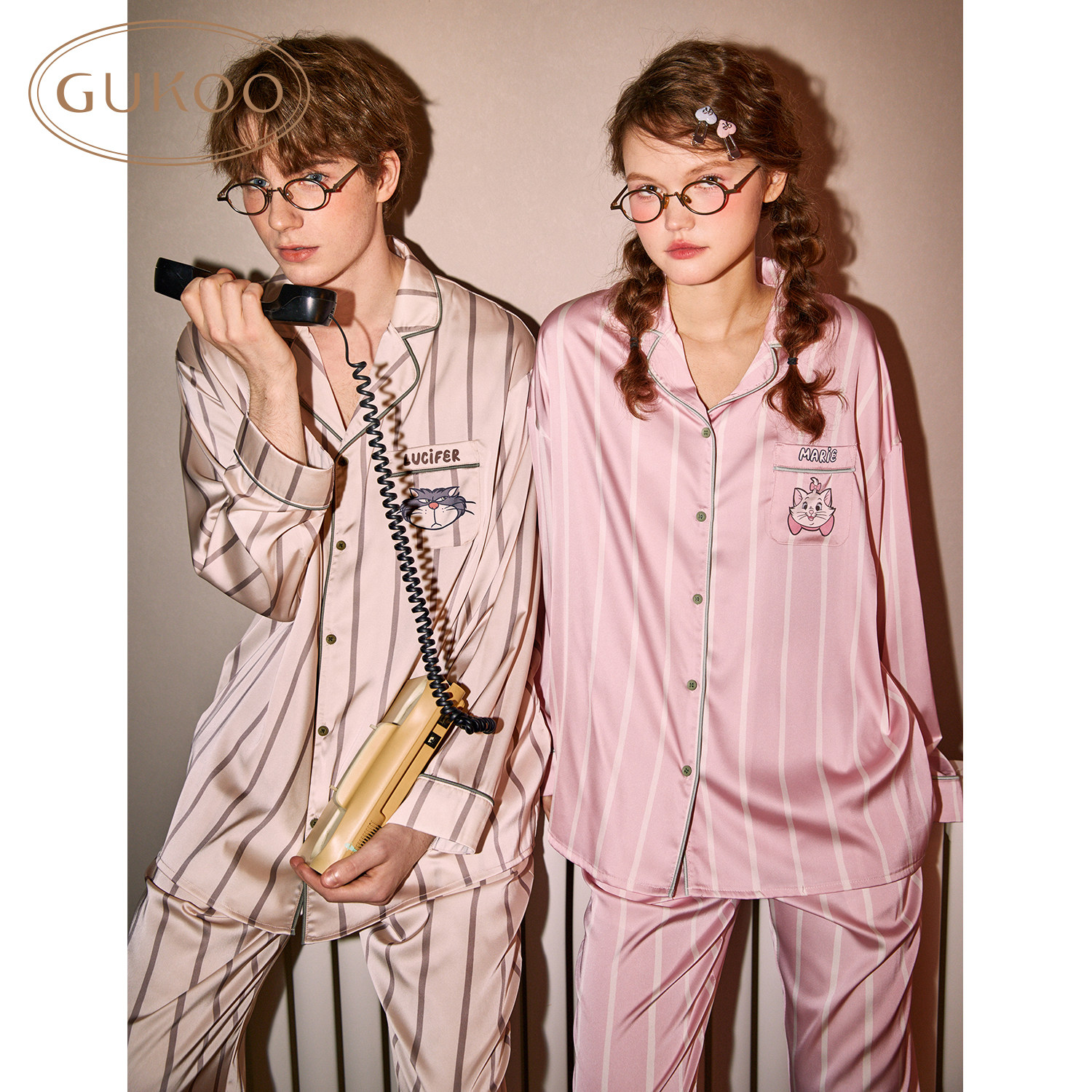 Gukoo/果壳情侣睡衣女春秋新款迪士尼抗静电冰丝男士睡衣家居服A,淘宝优惠券,粉丝福利购,淘宝优惠卷