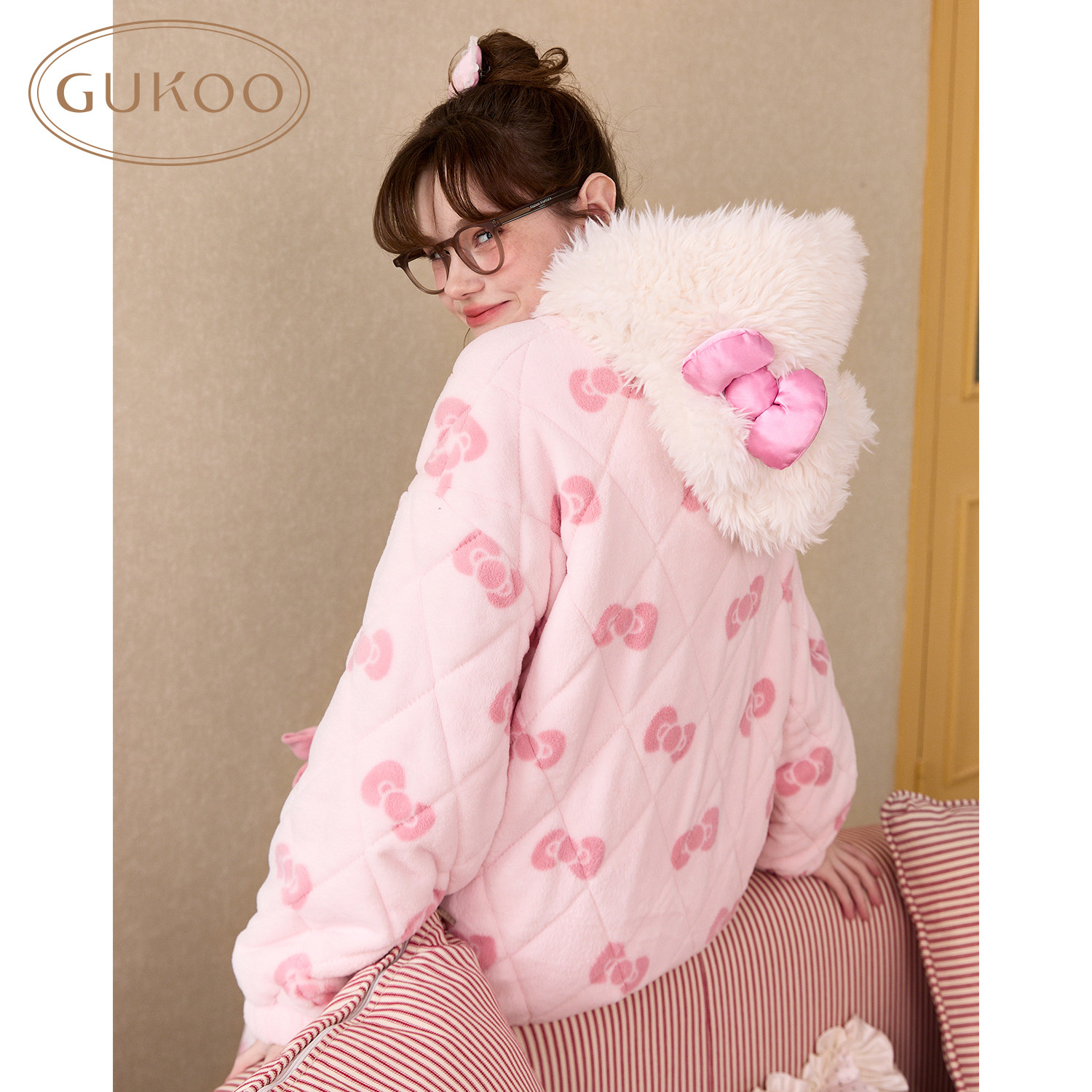 Gukoo/果壳睡袍冬季HelloKitty联名新款夹棉保暖女士家居服睡袍D,淘宝优惠券,粉丝福利购,淘宝优惠卷