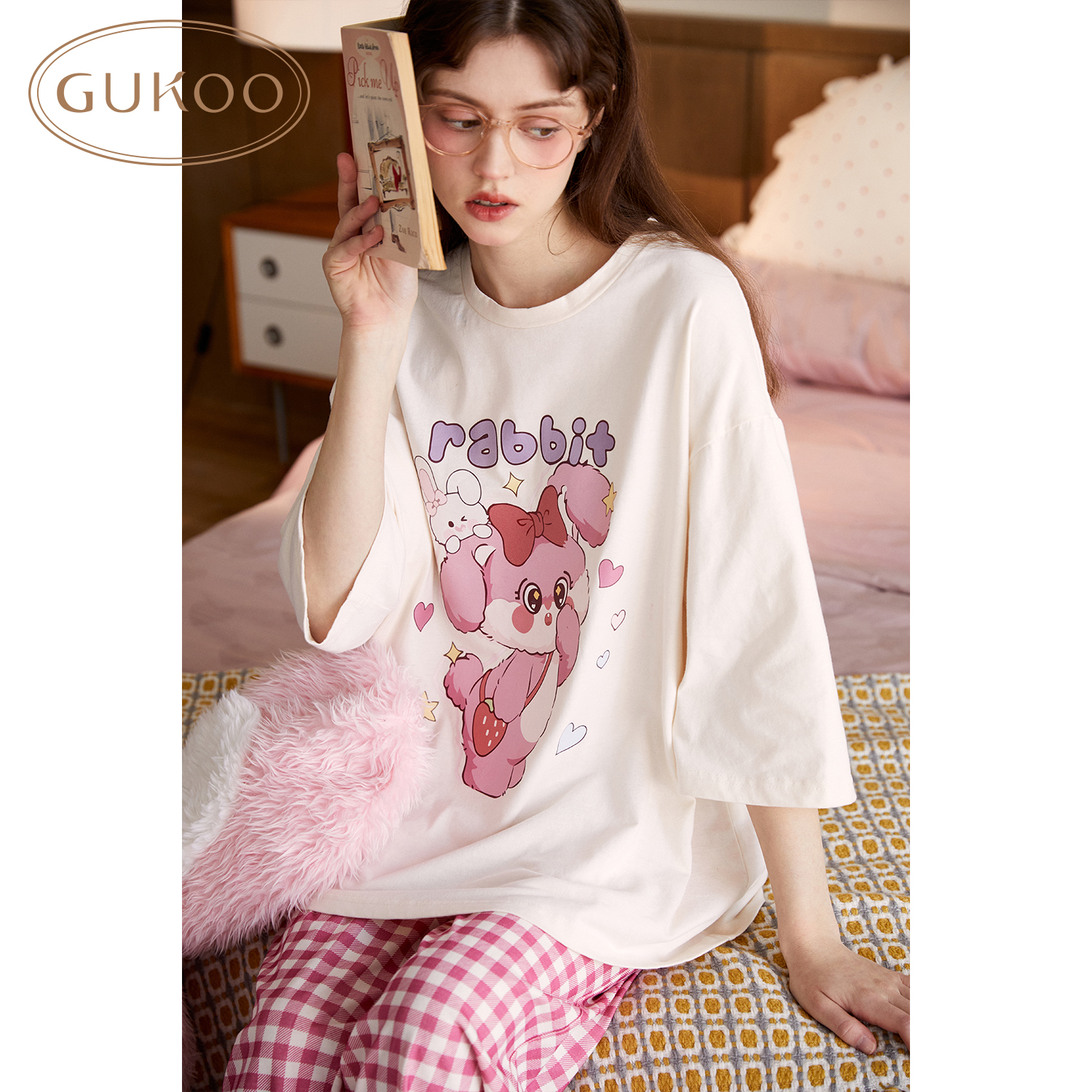 Gukoo/果壳睡衣女春秋款兔子印花新款可爱女士薄款家居服套装B