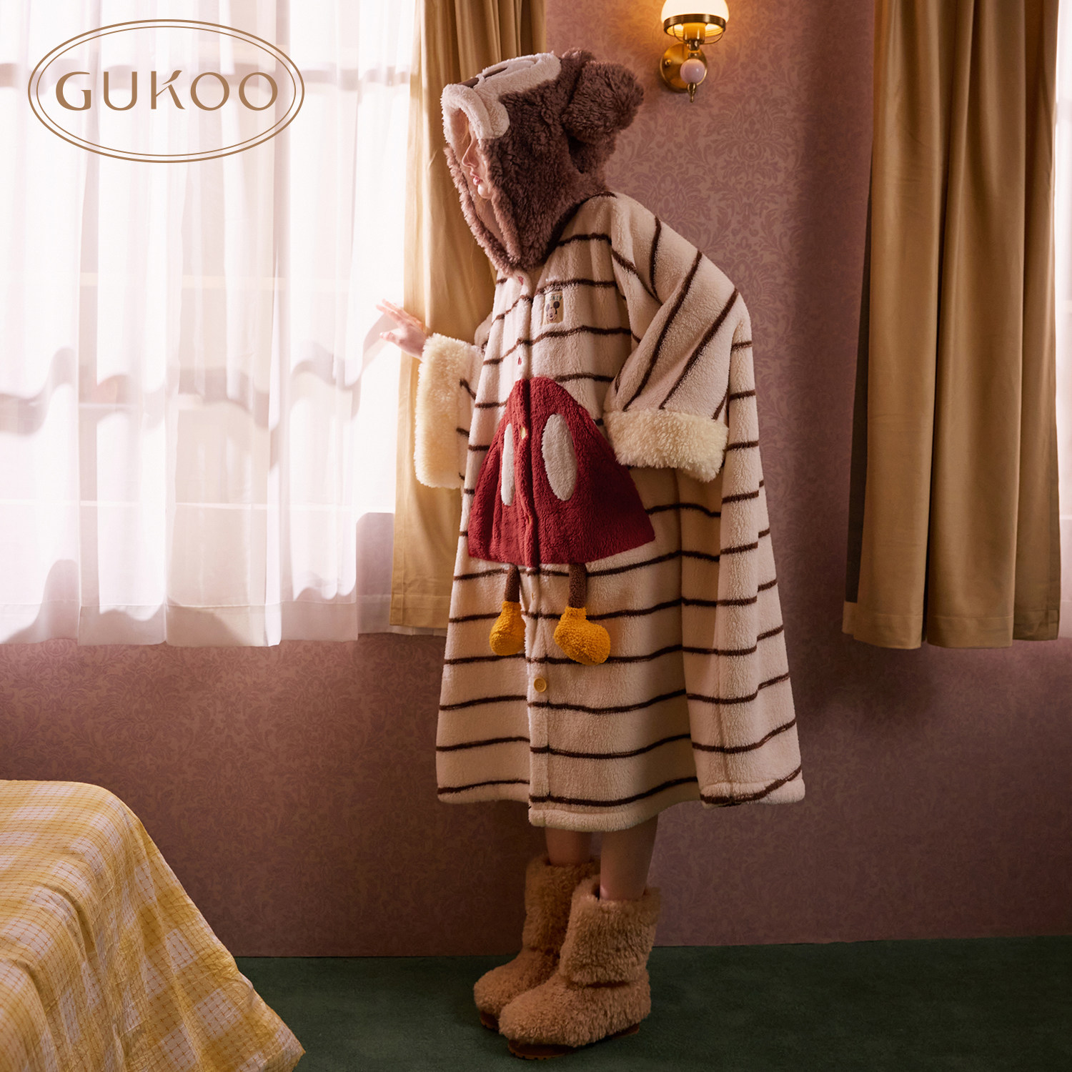 Gukoo/果壳睡袍女冬季迪士尼联名新款条纹珊瑚绒家居服斗篷睡袍D,淘宝优惠券,粉丝福利购,淘宝优惠卷