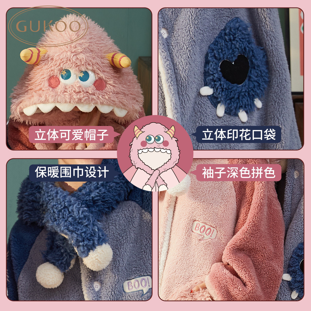 情侣冬新款长款可爱男士珊瑚绒睡衣 gukoo睡袍/浴袍