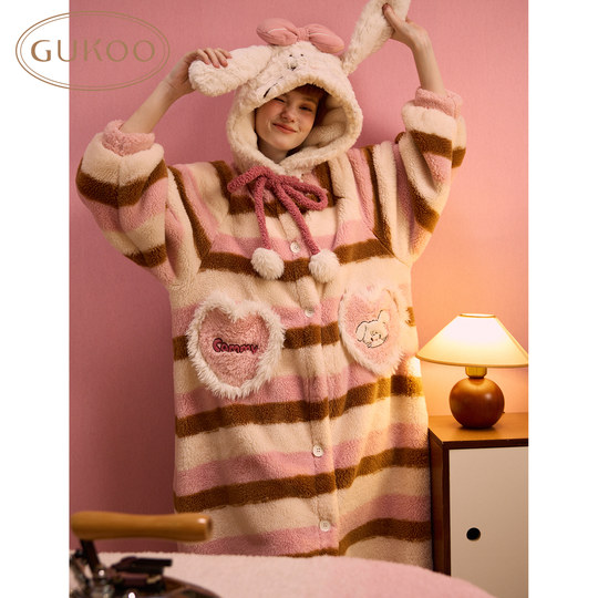 Gukoo/果壳2023新款睡衣女秋冬季mikko联名可爱睡袍家居服珊瑚绒D