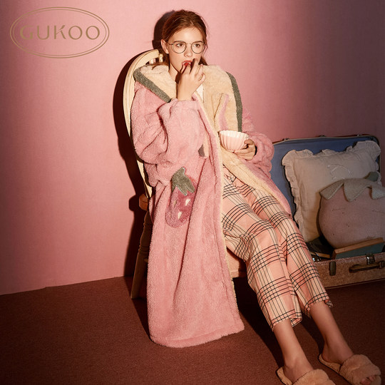 Gukoo/果壳睡袍女甜美草莓睡袍冬新款女士睡衣家居服冬款睡袍D