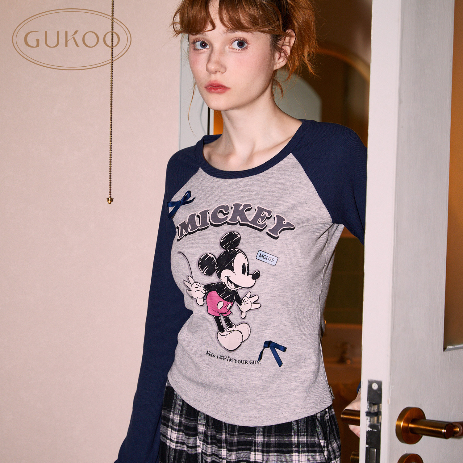Gukoo/果壳打底衫带胸垫女春秋款迪士尼联名新款米奇女士T恤套装,淘宝优惠券,粉丝福利购,淘宝优惠卷