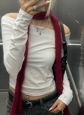 田曦薇同款卷边红色围巾细窄长款时髦马海毛圣诞节氛围感新年围脖