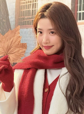 卢昱晓同款红色纯羊毛围巾女2026款冬季百搭加厚防寒保暖针织围脖