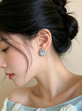 温柔心事」甜美蓝色蝴蝶花环耳钉温柔气质精致百搭独特漂亮耳饰