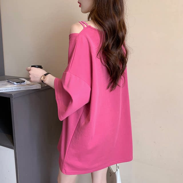 Summer pure cotton ເສື້ອຍືດແຂນສັ້ນສໍາລັບແມ່ຍິງ 2024 hot style loose lazy style niche design slanted shoulder half-sleeved top ins