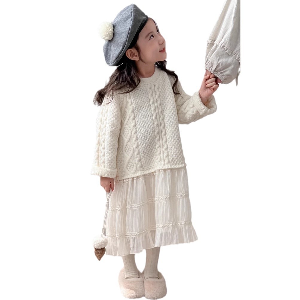 秋冬新款韩版童装女童毛衣拼接网纱公主裙女宝宝加厚针织连衣裙子 - 图3