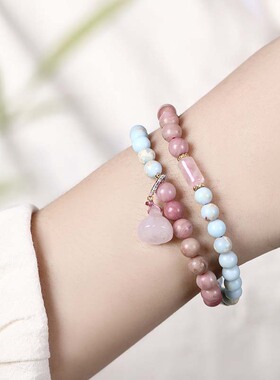 天然石岫玉红纹石紫水晶叠戴手串圆珠手链小众轻奢高级感手饰多层