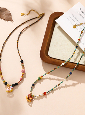 设计师款虎眼石马上有钱锁骨链女