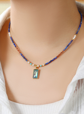 珞石青金石四方来财锁骨链项链女