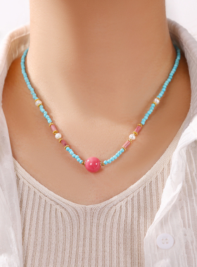 珞石绿松石红纹石转运珠锁骨链女