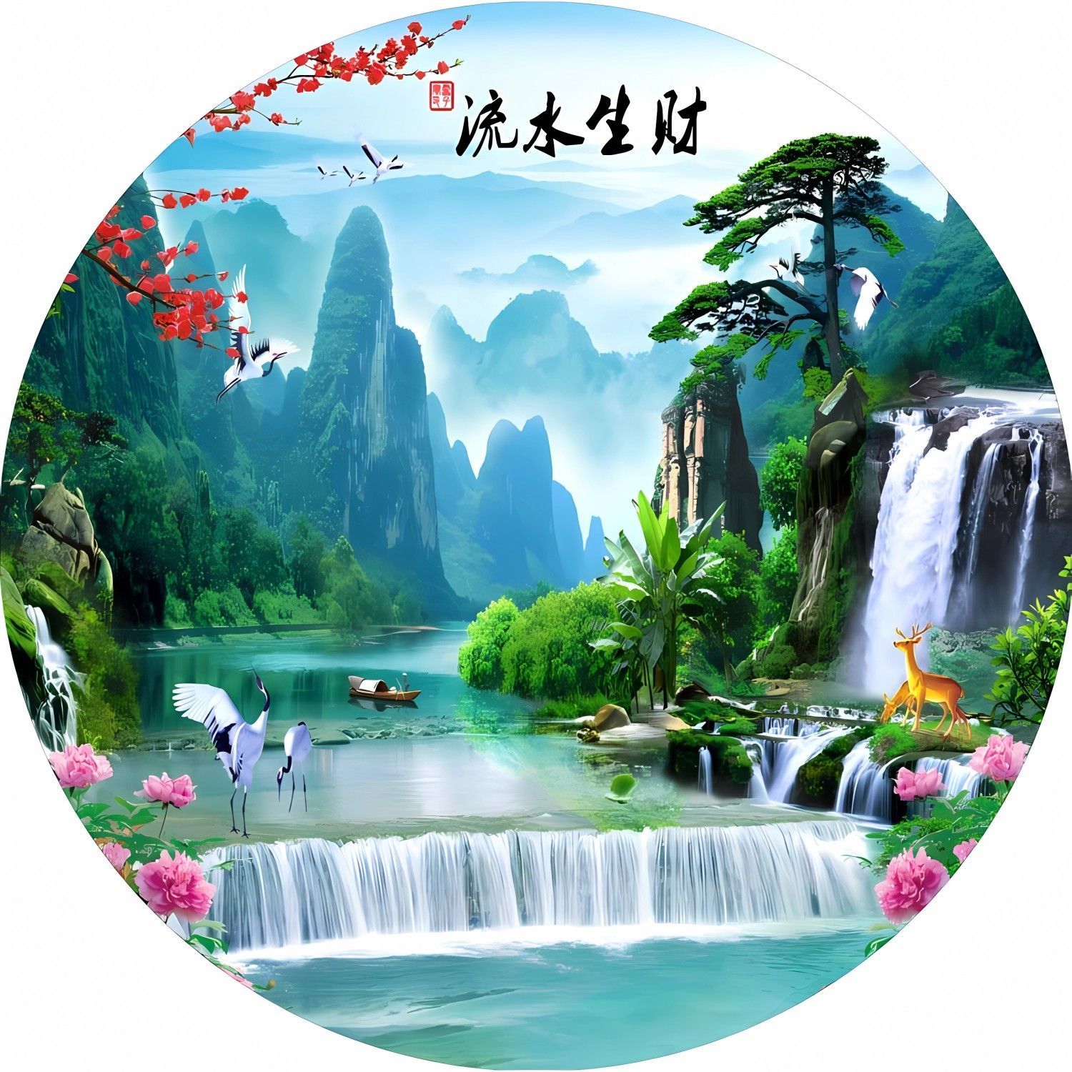 流水生财圆形装饰贴纸新中式玄关客厅书房卫生间山水古典防水贴画 - 图2