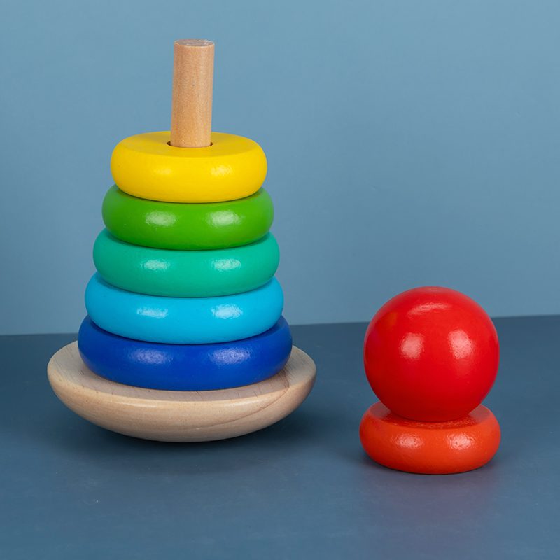 早教彩虹圈堆塔叠叠圈幼婴儿童不倒翁积木制套圈益智玩具3岁-图3