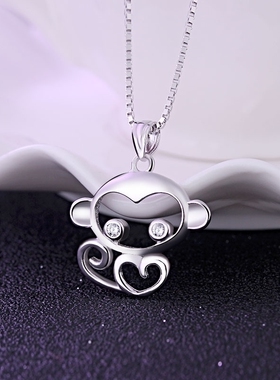 s925纯银白金色十二生肖小猴子吊坠项链女挂件配件属相饰品锁骨链