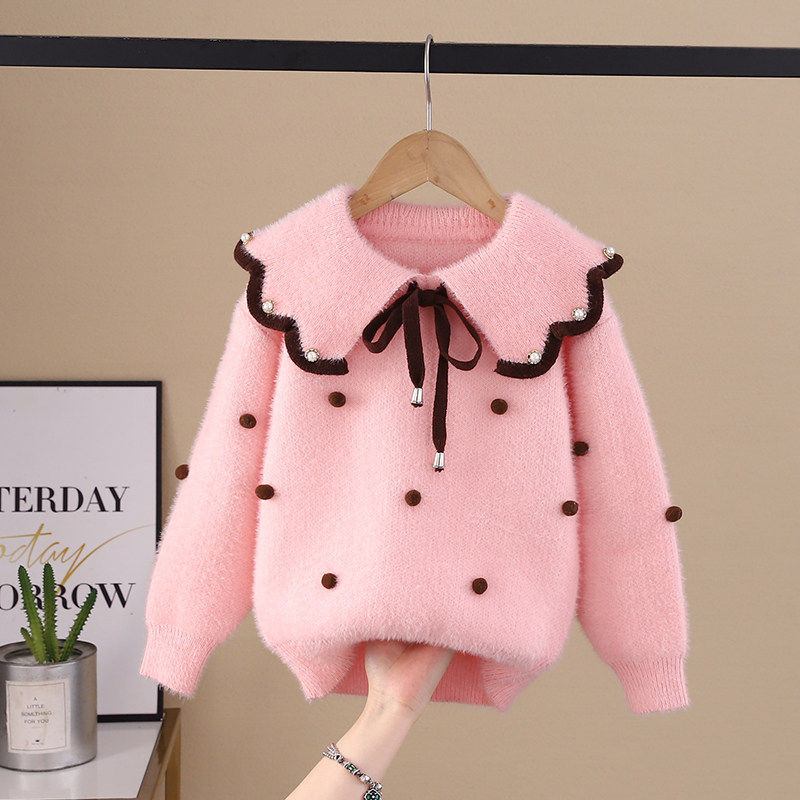 女童毛衣2025秋冬新款水貂绒加厚娃娃领儿童针织衫加绒中大童上衣,淘宝优惠券,粉丝福利购,淘宝优惠卷