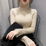 Кружевной трикотажный приятный телу свитер, высокий воротник, по фигуре