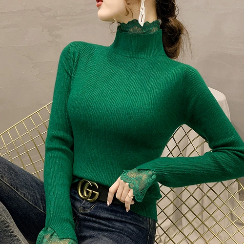 Демисезонный кружевной цветной трикотажный приятный телу свитер, высокий воротник, в западном стиле