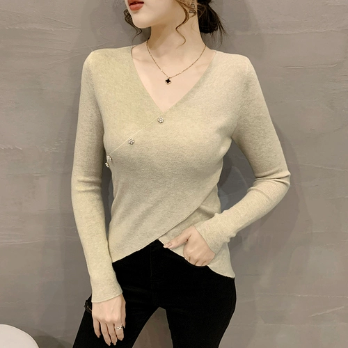 Дизайнерский трикотажный приятный телу свитер, осенний, тренд сезона, V-образный вырез, в корейском стиле