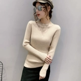 Кружевной демисезонный однотонный свитер, приятный телу трикотажный лонгслив, высокий воротник, в западном стиле