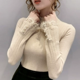 Кружевной трикотажный приятный телу свитер, высокий воротник, по фигуре