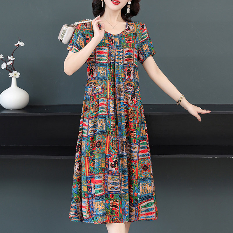 妈妈夏装棉绸大码宽松短袖连衣裙 锦雪飞虹服饰中老年女装