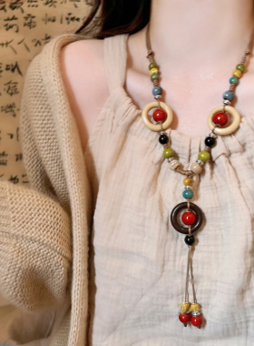 波西米亚风彩色串珠陶瓷项链女