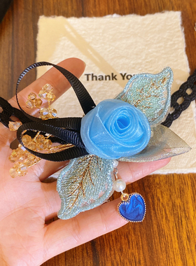 高级感气质蓝色玫瑰花蕾丝项链