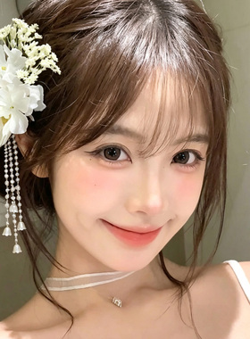 超仙白色花朵珍珠流苏发夹
