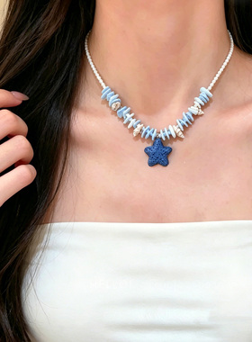 夏日蓝色海星贝壳串珠项链女
