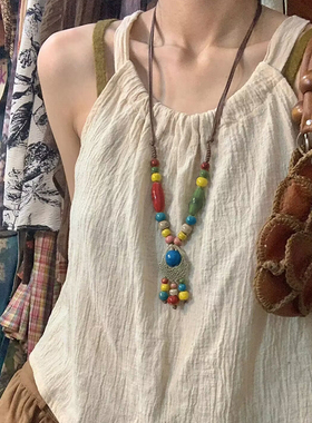 复古彩色陶瓷串珠流苏项链女