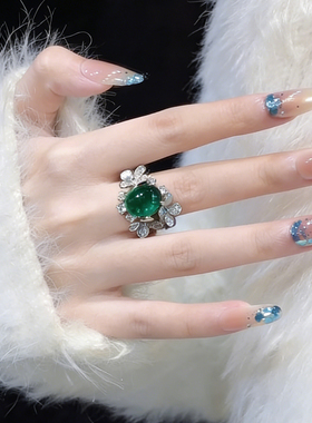 轻奢复古小众祖母绿仿宝石戒指