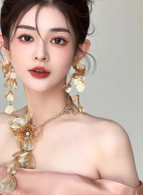 欧美夸张镶钻花朵流苏三层项链