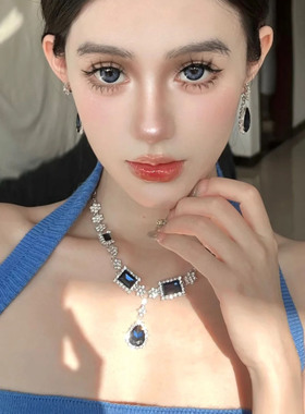 高级感气质蓝色水滴锆石锁骨链女