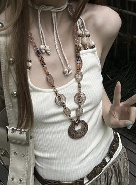 复古气质亮片圆形豹纹项链