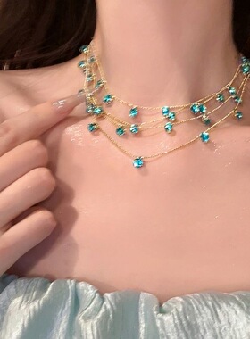 超闪多层蓝色锆石项链女
