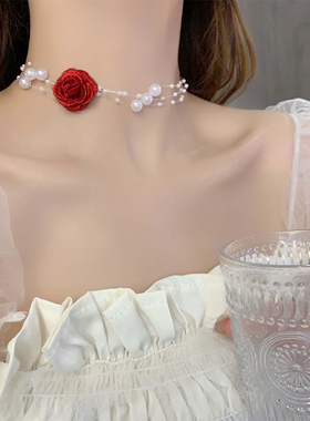 法式红玫瑰花朵锁骨链