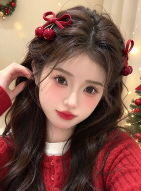 红色蝴蝶结樱桃发夹女甜美可爱侧边夹前额刘海夹发饰发卡头饰夹子