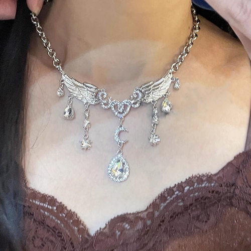 小众设计感天使翅膀流苏项链女轻奢镶钻水滴锁骨链高级感重工颈链 - 图1