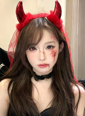 万圣节红色小恶魔牛角毛绒发箍