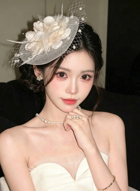 留洋千金风米白色网纱小礼帽发夹头饰女法式复古生日拍照帽子发饰