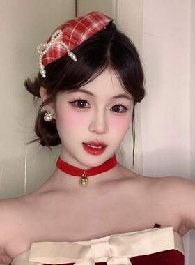 复古红色格子蝴蝶结小礼帽发夹新年圣诞氛围感雪花毛球侧边夹头饰