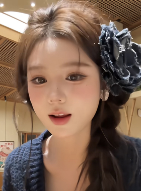韩系甜辣少女牛仔蓝色山茶花发夹