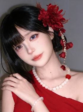 新中式红色流苏花朵发夹女