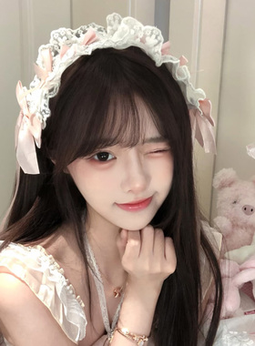 日系甜美粉色蝴蝶结蕾丝发带女