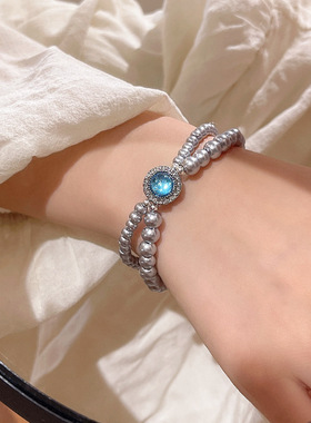 韩系爆款梦幻海蓝锆石珍珠手链女闺蜜轻奢小众交叉手串手饰品批发