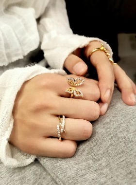 戒指女戒孔记铜镀金镶嵌锆石开口